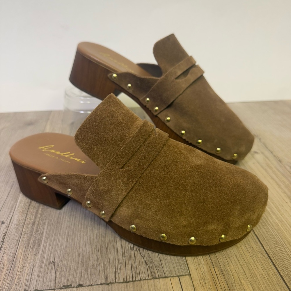 Avellini Suede Brown Studded Leather Clogs Mules Women's Sz 6.5 - 7 Shoes EU37
